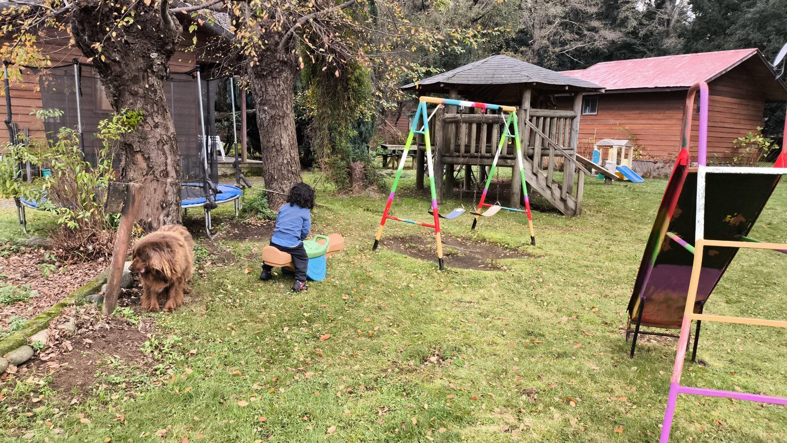 Jardín con columpios, cama elástica, resbalín y casita de juegos